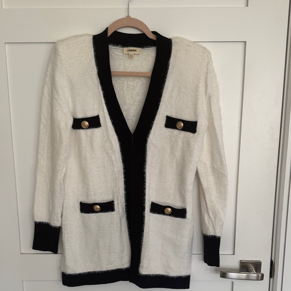 L’AGENCE Elegant White and Black Cardigan